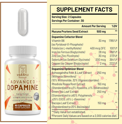 Dopamine Supplement-Mucuna Pruriens Seed Extract,Premium Vitamins, Minerals, and Natural Plant Extracts for Mental Drive, Clarity, Focus-60 Capsules