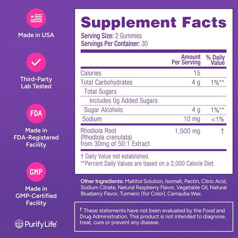 Purify Life Gummies (1500mg/Serving) 60 Sugar-Free Rhodiola Rosea Cortisol Detox & Adrenal Support Rhodiola Rosea