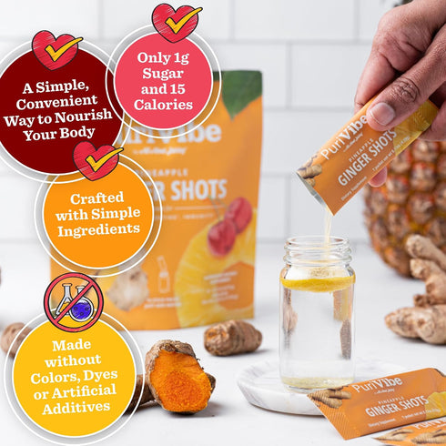 Immunity 15 Packs Ginger Shots with Turmeric & Pineapple - Ginger Juice Superfood Powder - Shots & Wellness Shots