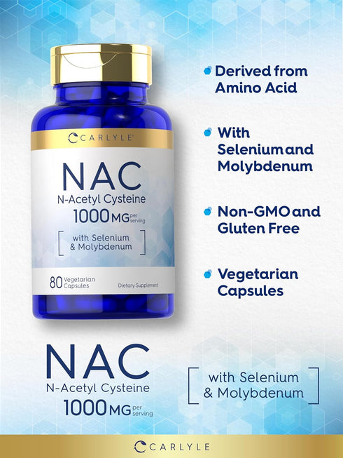 Carlyle NAC Supplement N-Acetyl Cysteine | 1000 mg | 80 Capsules | Vegetarian, Non-GMO & Gluten Free with Selenium