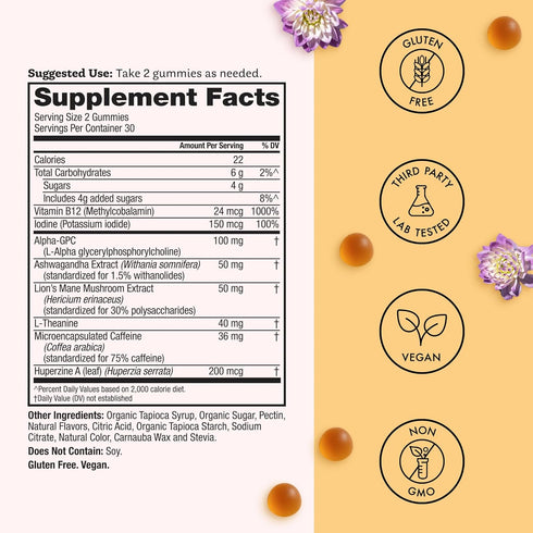 Winged Wellness Rise Up Gummies for Women - Daily Brain Boost Supplement with Natural Caffeine, Ashwagandha, B12, 60