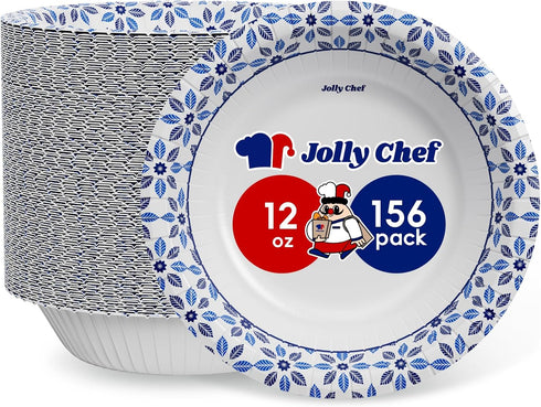JOLLY CHEF 156 Count Heavy Duty 12 oz Soak Proof Paper Bowls, Disposable Small Bowls for Dinner or Lunch Bulk