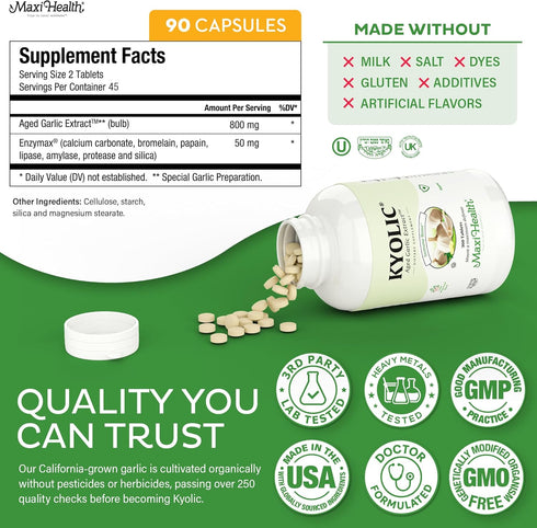 Immune (90 Count) Maxi Health Kyolic Organic Garlic Supplement - Kosher Garlic Tablets with Kyolic Aged Garlic Extract