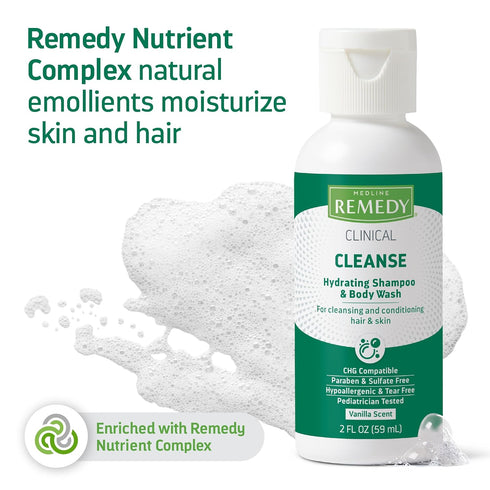 Medline Remedy Clinical Hydrating Shampoo & Body Wash, 2 fl oz, Vanilla Scent, No-Rinse Cleanser for Adults & Kids