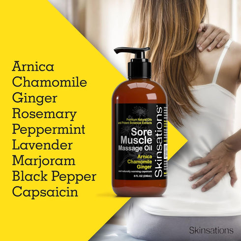 Skinsations Sore Muscle Massage Oil with Arnica Montana - Naturally Warming Capsicum, Organic Essential Oil Blend