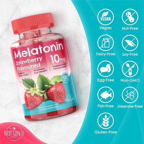 Next Gen U Melatonin Gummies, 10 mg Supplement, Strawberry Flavored, 120 Vegan Gummies