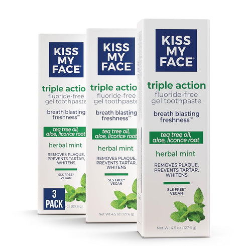 Kiss My Face Triple Action Toothpaste Gel, Herbal Mint Flavor, 4.5 oz, 3 Pack, Fluoride Free, Vegan