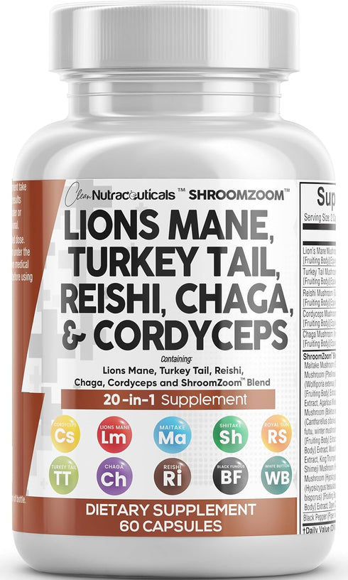Clean Nutraceuticals Lions Mane 3000mg, 20in1 Mushroom Supplement with Turkey Tail, Reishi, Cordyceps & More - 60 Count