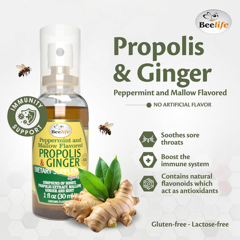 Beelife Propolis Throat Spray 30ml - Natural Immune Support, Soothing Honey & Ginger, No Sugar, Gluten-Free