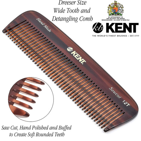 Kent 12T Wide Tooth Comb, Handmade Detangling Comb for Thick Curly Wavy Hair, Grooming Tool for Hair and Beard