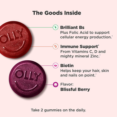 OLLY Women's Multivitamin Gummy, Berry Flavor, 130 Count, Vitamins A, D, C, E, Biotin, Folic Acid, 65 Day Supply