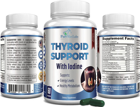 Thyroid Support with Iodine - Metabolism & Energy Booster, Increase Focus - Premium Non-GMO Thyroid Supplement (60