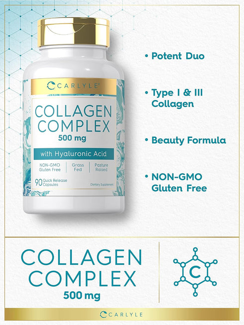 Carlyle Collagen Pills with Hyaluronic Acid, 500mg, 90 Capsules, Non-GMO, Gluten Free Hydrolyzed Supplement