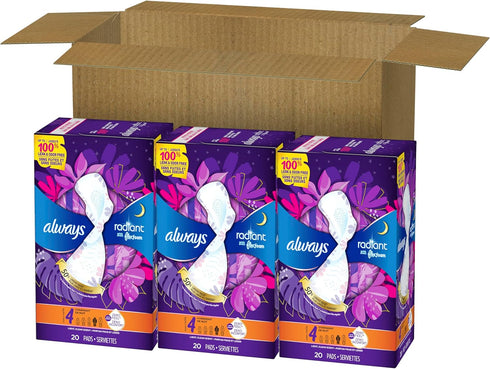Always Radiant Feminine Pads for Women, Overnight Absorbency, Flexfoam Pads with Wings, Size 4, 60 Count (3 Packs of 20)
