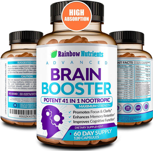 40-in-1 Brain Booster Supplements, Natural Nootropic Brain Support with DMAE, Bacopa Monnieri, 120 V Capsules
