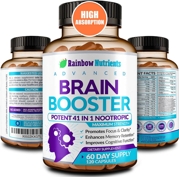40-in-1 Brain Booster Supplements, Natural Nootropic Brain Support with DMAE, Bacopa Monnieri, 120 V Capsules