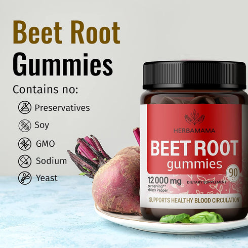 HERBAMAMA Beet Root Gummies - Chewable Vitamins from Beet Root Extract - Beet Root Supplements for Bolstering Energy Levels - 12000 mg, 90 Chews