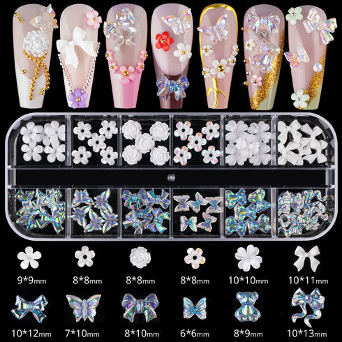 Mixed 3D Nail Art Gem Decoration Accessories Kit #1, Aurora Bear Bow Butterfly Starry AB Rhinestone Charm Jewelry