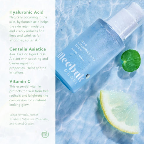 Meebak Korean Hyaluronic Acid Serum for Face with Vitamin C, CICA, Anti Aging, Glow, Hydrating, 1.01 fl oz