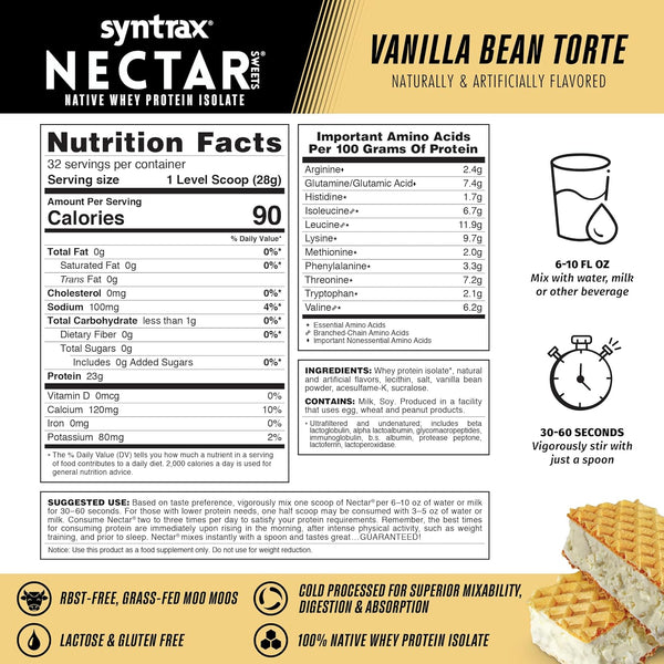 Syntrax Nutrition Nectar Sweets, 100% Whey Isolate Protein Powder, Vanilla Bean Torte, 2 lbs