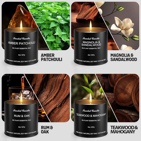 HOMAMAMOON Set 4 Pack 8oz 8% Men's Scented Candles Gift - Luxury Masculine Scented Candles for Men, Natural Soy Wax