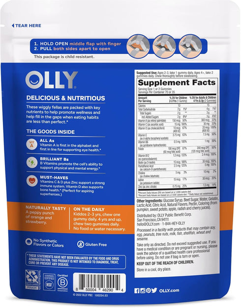 OLLY Kids Multivitamin Gummy Worms, 70 Count, 45 Day Supply, Overall Health and Immune Support, Vitamins and Minerals