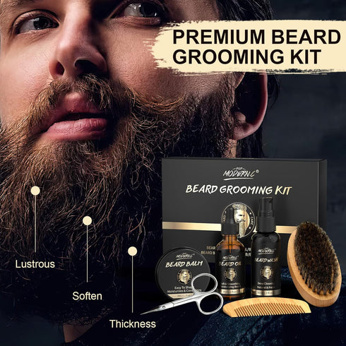 POP MODERN.C Beard Grooming Kit - 6pcs Beard Wash Shampoo, Beard Oil, Beard Balm, Comb, Brush, Scissors, Best Gift for