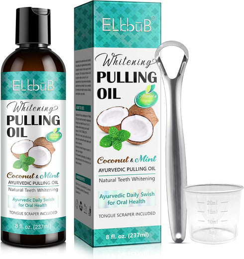 Coconut Pulling Oil, Ayurvedic Mint Oil Pulling Mouthwash with Tongue Scraper, 8 Fl. Oz for Fresh Breath & Healthy Gums