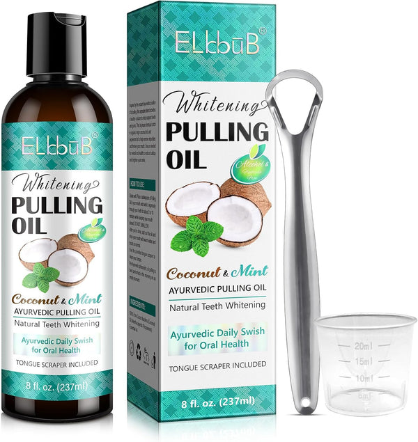Coconut Pulling Oil, Ayurvedic Mint Oil Pulling Mouthwash with Tongue Scraper, 8 Fl. Oz for Fresh Breath & Healthy Gums