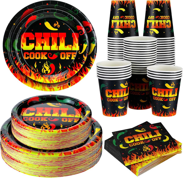 Sliner 100 Pcs Chili Cook Off Paper Party Supplies, 9'' Dinner Plates, 7'' Dessert Plates, and Napkins