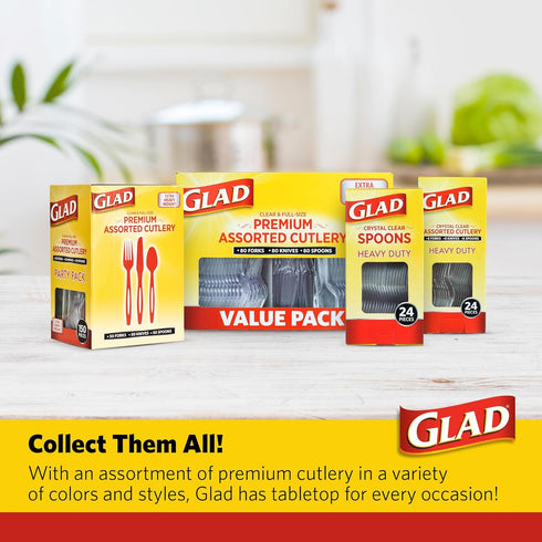 Glad Heavy Duty Full Size Assorted Plastic Cutlery Set, Red Extra Heavy Duty Forks, Knives, and Spoons (Pack of 48)