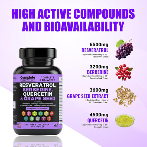 6500mg Resveratrol Supplement with Quercetin 4500mg, Berberine 3200mg, Grape Seed Extract 3600mg & Polyphenol Blend for Skin Health, Immune Support & Antioxidant Boost