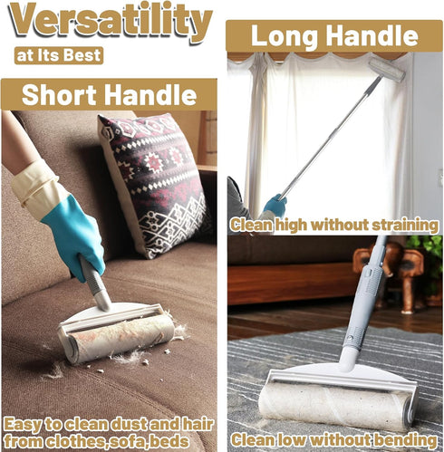 DrDirt 2-in-1 Floor Lint Roller, 7.4-Inch Sticky Rollers with 50 Sheets/Roll, Long Handle for Cleaning Carpets