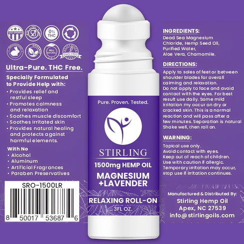 STIRLING Lavender Roll On Lotion - 1500mg Pure Hemp + Dead Sea Magnesium for Relaxation & Better Sleep
