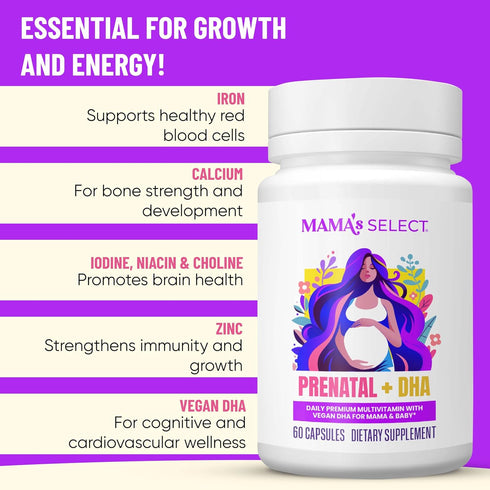 Mama's Select Prenatal Vitamins with Vegan DHA Fish-Free, No Fish Burps, Allergen-Free, MTHFR Support, Methylated
