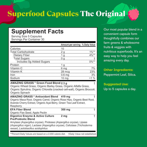 Amazing Grass Greens Blend Superfood Capsules, 150 Count: Organic Spirulina, Chlorella, Beet Root Powder, Probiotics &