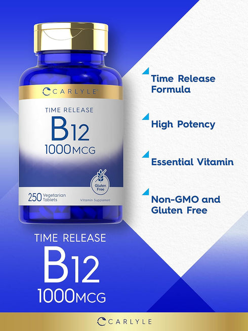 Carlyle Vitamin B12 10,000 mcg Time Release Tablets, 250 Count - Vegetarian, Non-GMO, Gluten Free