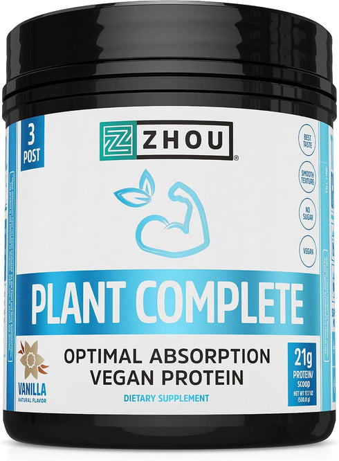 Zhou Nutrition Vanilla Plant Based Vegan Protein Powder, 21g Protein, Best Absorption Digest Score, Dairy Free, 16