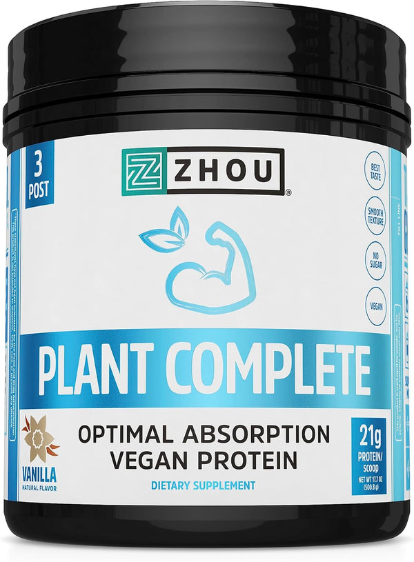 Zhou Nutrition Vanilla Plant Based Vegan Protein Powder, 21g Protein, Best Absorption Digest Score, Dairy Free, 16