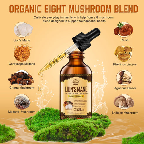 Lions Mane Supplement, Liquid Mushroom Extract Drops, 8 Mushrooms Complex for Immune System, Memory, Focus Boost, Mushroom Supplement with Lion's Mane, Cordyceps, Reishi, Vegan - 2 Fl oz (2 Pack)