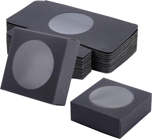 BENECREAT 24 Pack Black Kraft Paper Boxes with Clear Window, 3x3x1.2 for Bakery Cookies Cake Candy Gift Packaging