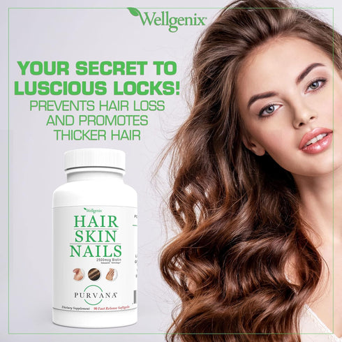 Wellgenix Purvana Hair, Skin, and Nails, One a Day Softgel, 2500mcg Biotin, 90 Count, Anti Aging & Hair Growth