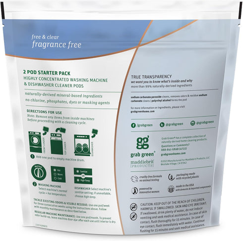 Grab Green Washing Machine and Dishwasher Cleaner Pods - Fragrance Free, 2 Cleaning Pods
