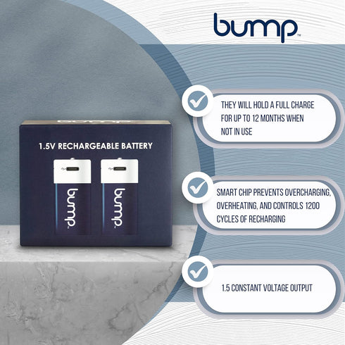 bump D 1.5V Rechargeable Batteries, 2 Pack, Lithium Ion, High Output, Charger Cable Included