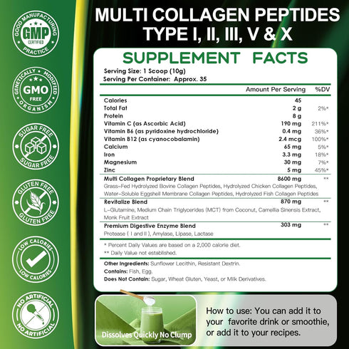NATURE TARGET Multi-Collagen-Peptides-Powder, Hydrolyzed Collagen with Energy Blend & Multivitamins, 35 Servings