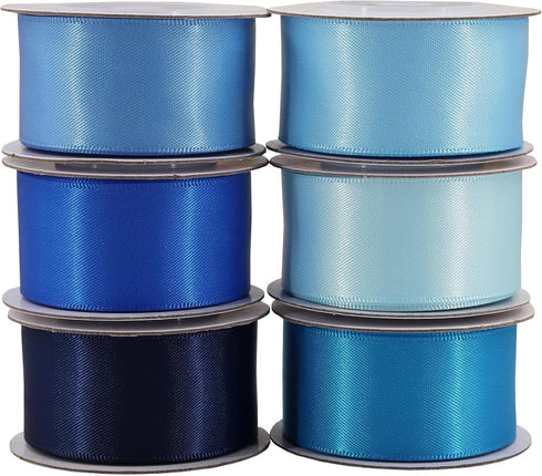 Double Face Blue Satin Ribbon, 1" x 5 Yard Each, 6 Colors for Gift Wrapping, Wedding, Baby Shower, Total 30 Yards