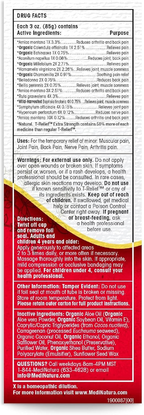 MediNatura T-Relief Extra Strength Pain Relief Cream, Arnica +12 Natural Actives for Aches & Pains - 3 oz
