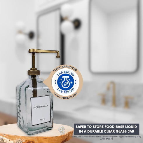 eBun Goldengleam 37oz Mouthwash Dispenser for Bathroom, Gold Plastic Pump, Glass Mouthwash Bottle with Cups