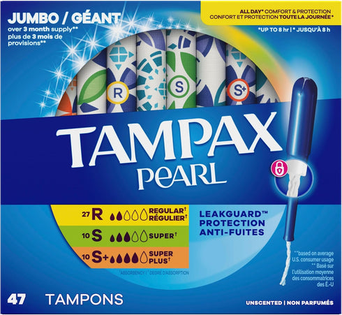 Multipack, 47 Count Tampax Pearl Tampons for Women with LeakGuard Braid, Regular/Super/Super Plus Absorbency