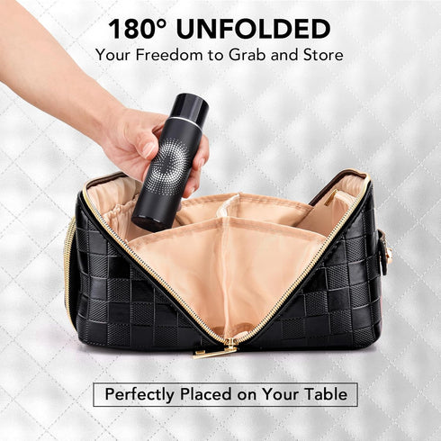 stona Travel Makeup Bag for Women, Large Capacity Waterproof Checkered Cosmetic Organizer with Divider and Handle, Black